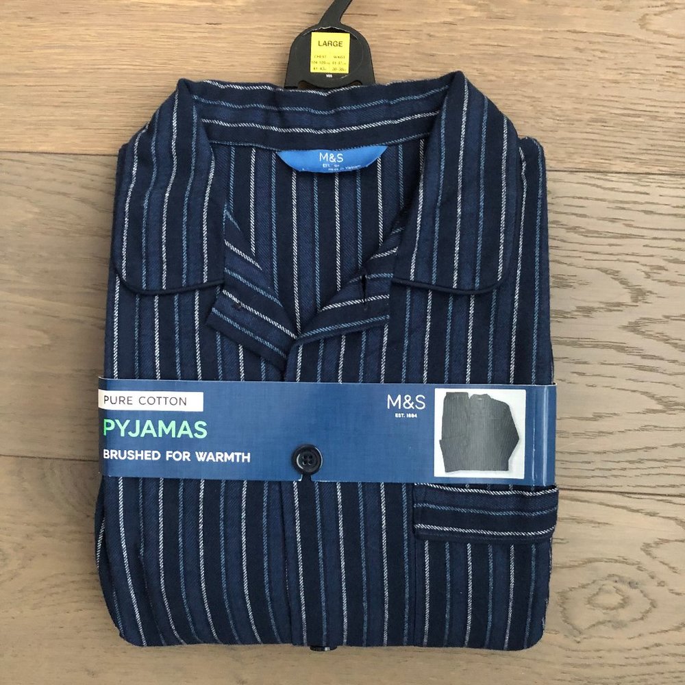 M&S Marks and Spencer 2 Pce 100% Brushed Cotton Striped Pajama Set Blue Sz L NWT
